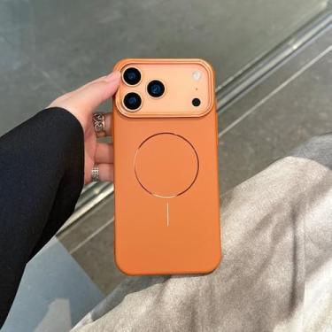 Imagem de Capa fina e dourada com suporte magnético para lente, compatível com iPhone 17 Pro Max, 17, 16, 15, 14 e 13 Pro. Feita em PC+TPU, na cor laranja. Também compatível com iPhone 13 Pro Max.