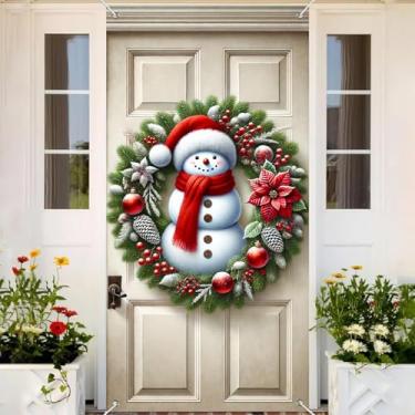 Imagem de BlissYard Banner de capa de porta de boneco de neve 89 x 188 cm decoração de varanda de Natal cachecol vermelho sinal de guirlanda de feriado grande pano de fundo para porta da frente de inverno para