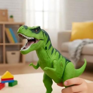 Imagem de Conjunto 2 Dinossauros de Brinquedo com Rugido T-Rex Verde e Bege Figuras de Ação Fóssil para Montar Educativo Infantil 3+ Anos