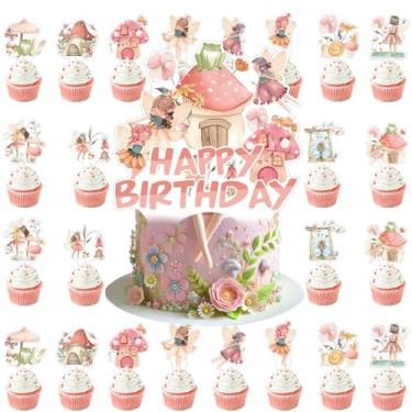 Imagem de Topper de cupcake de fada, 37 peças de enfeite de cupcake de festa de primeiro aniversário de fadas, decoração de festa temática de fada, enfeite de cupcake de fada de anjo de asa, decorações de bolo