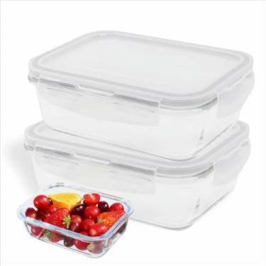 Imagem de " Kit 2 Pote de Vidro 370 ml Retangular Hermético Para Marmita Papinha Comida Fitnes Alimentos Pratico Com Travas Anti Vazamento BPA Free Resistente a Calor Frio Próprio Para Micro-Ondas e Forno "