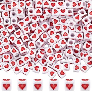 Imagem de Miçangas de cubo de coração a granel quadrado de acrílico 7 x 7 mm coração de amor vermelho branco 4 mm contas de pônei de plástico com orifício grande para pulseiras, fazer colares, chaveiros, joias