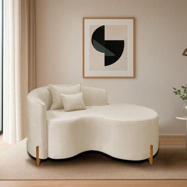 Imagem de Divã Recamier Curvo Sala De Estar Recepção Inglaterra 150cm Pés Madeira Lado Direito Bouclé Bege