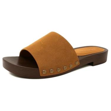 Imagem de TruFox Tamancos femininos de bico aberto de salto baixo com tachas, sandália de madeira sintética, sapatos vintage cravejados, Bronzeado, 38