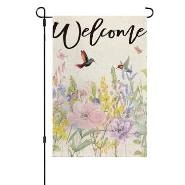 Imagem de Bem-vindo beija-flor primavera flores sazonal bandeira de jardim 30,5 x 45,7 cm vertical dupla face feriado festa quintal decoração ao ar livre