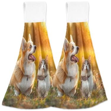 Imagem de TSENQUE Toalhas de mão de cozinha com laços para pendurar cachorro corgi gato campo bonito forno toalhas de gravata conjunto de 2, toalhas de secagem de cozinha fofas absorventes, 46 x 35 centímetros