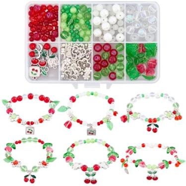 Imagem de SUNNYCLUE 1 caixa faça você mesmo, 6 conjuntos de pulseiras de Natal, pingentes de cereja, liga metálica, esmaltado, folhas verdes, frutas vermelhas, cereja, pingente, copos pintados, miçangas