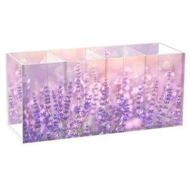 Imagem de TSENQUE Porta-lápis de mesa de acrílico com flores roxas e flores roxas, organizador de canetas decorativas, materiais de escritório