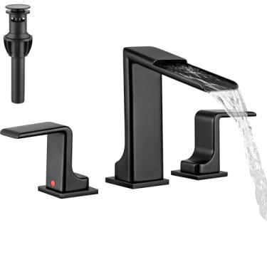Imagem de FELIXBATH Torneira de pia de banheiro cachoeira 3 furos - Torneiras de toucador preto fosco de 20 polegadas - Torneira de banheiro moderna ampla com 2 alças com ralo pop-up para fazenda, banheiro