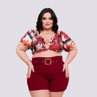 Imagem de Conjunto Plus Size Feminino Cropped Xadrez Short Cinto 0269 - Bellucy 