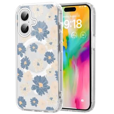 Imagem de Vulfwela Capa de telefone de flor azul primavera para iPhone 16 capa magnética transparente de 6,1 polegadas, compatível com Magsafe, capa de design com estampa floral fofa à prova de choque macio de