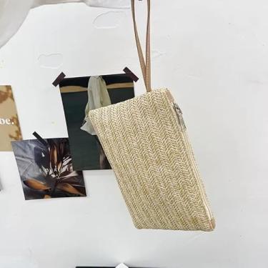 Imagem de Boho elegante bolsa de mão de palha praia clutch feminina de tecido de praia cor sólida
