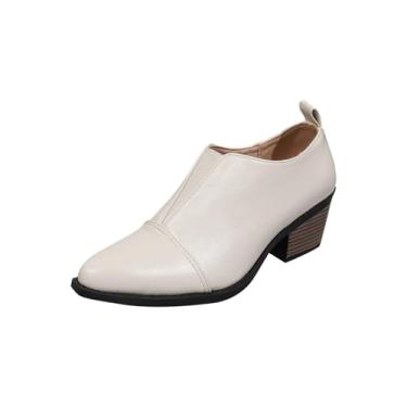 Imagem de Sapatos femininos fashion casual primavera e verão cor sólida bico fino bico fechado boca rasa um pé salto grosso salto médio e baixo sapatos de couro, Branco, 38