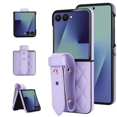 Imagem de Capa para Motorola Razr 50 Ultra, capa protetora dobrável de couro PU com alça de pulso ajustável, capa de telefone feminina (roxa)