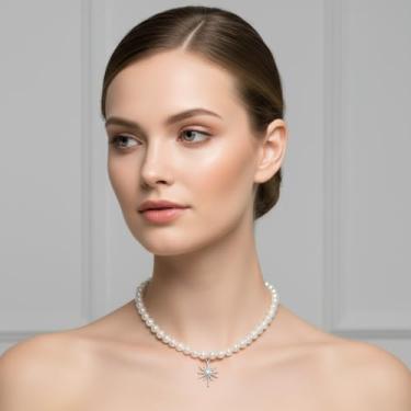 Imagem de Colar com pingente de sol, gargantilha minimalista de pérola falsa, corrente de clavícula para mulheres, joia elegante casual diária para presente, One Size, Latão, Sem Pedra Preciosa