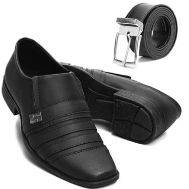 Imagem de Sapato Social Masculino Italiano Couro com Tiras Decorativas, Preto, Solado Borracha, Estilo Clássico Formal (Sapato + Cinto, BR, Adulto, Numérico, 42)