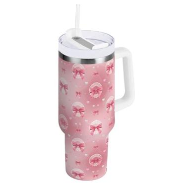Imagem de SEHANY Copo fofo com laço rosa de 1,134 g com alça, copo isolado de aço inoxidável a vácuo de parede dupla, à prova de vazamento, caneca de café isolada para viagem cabe no suporte de copo de carro