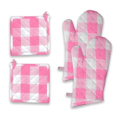 Imagem de Softopia Cotton Conjunto de luvas de forno xadrez Buffalo e suportes de panela, 100% algodão, resistente ao calor, 2 luvas de forno (18 x 13 polegadas) e 2 almofadas quentes (20 x 20 cm) para cozinhar