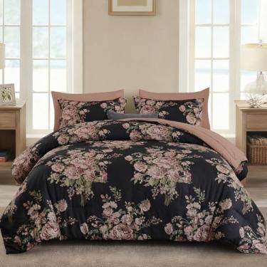 Imagem de Anibedding Conjunto de edredom com 7 peças, floral, preto e rosa, de microfibra macia e rosa em uma bolsa, conjunto de edredom com lençol para todas as estações