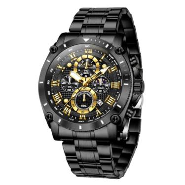 Imagem de OLEVS Relógio de pulso masculino elegante com mostrador grande, luxuoso, lua fase, dois tons, aço inoxidável, impermeável, original, calendário de negócios, G3689: pulseira preta e mostrador preto
