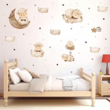 Imagem de adesivo de parede ovelhas cute baby balão nuvens estrelas boho quarto 