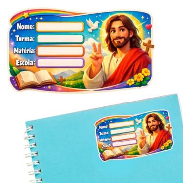Imagem de Kit 14 Etiquetas Escolares M Jesus Cristo Caderno Infantil Cristão Menino Menina Personalizado Adesivo Volta as Aulas