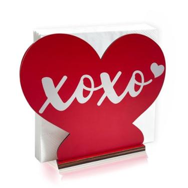 Imagem de Porta-guardanapos de coração para mesas dispensador de papel de seda de madeira vermelho rosa amor coquetel guardanapo para dia dos namorados cozinha mesa de jantar decoração (Xoxo)