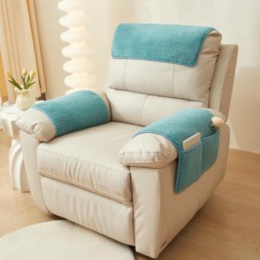 Imagem de Capas para braços de cadeiras com capas para encosto de cabeça para poltronas reclináveis ​​e bolsos de armazenamento. Capa antiderrapante para encosto de cabeça. Capa felpuda para sofá