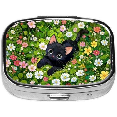 Imagem de Caixa de comprimidos para gatos de jardim, 2 compartimentos, estojo pequeno para pílulas, portátil para bolso ou bolsa, organizador de pílulas, suporte para comprimidos com espelho para guardar