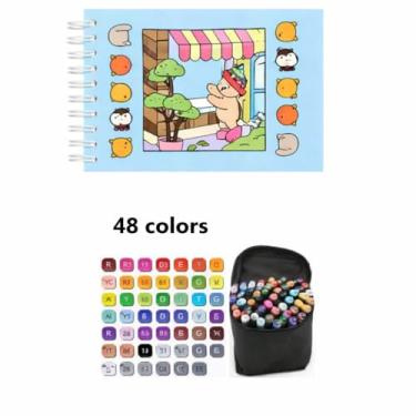 Imagem de Kit Marcadores Artísticos com Ponta Dupla 48 Cores + Livro de Colorir Capa Dura 50 Páginas, Canetinhas à Base de Álcool, Ambidestro, Múltiplas Cores (48, Azul)