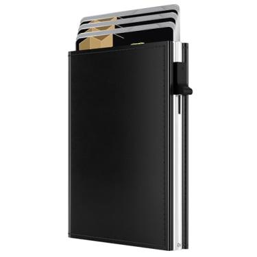 Imagem de Carteira fina com três dobras – antifurto, minimalista, couro premium, 9 a 11 compartimentos para cartão, janela para identidade, compartimento para dinheiro, Preto e prata, Carteiras