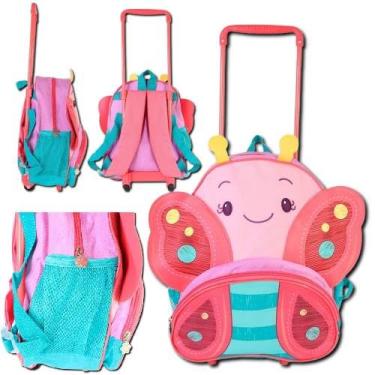 Imagem de Mochila com Rodinhas Infantil - Borboleta - 3D no formato das antenas de Borboleta - Bolso frontal ideal para lápis e demais acessórios e bolsos laterais para copos ou garrafas - Coleção 2025.