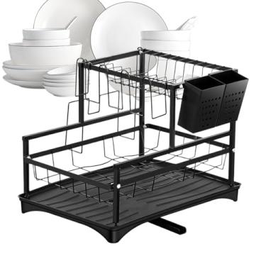 Imagem de Escorredor de pratos de secagem | Rack de armazenamento de pratos de 2 níveis - escorredor resistente à ferrugem Suporte de utensílios para apartamento, trailer, restaurante, cozinha, bancada, casa