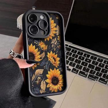 Imagem de Capa de telefone para iPhone, estampa de girassol, preto com design floral amarelo, capa protetora (iPhone 16e, multicolorida)
