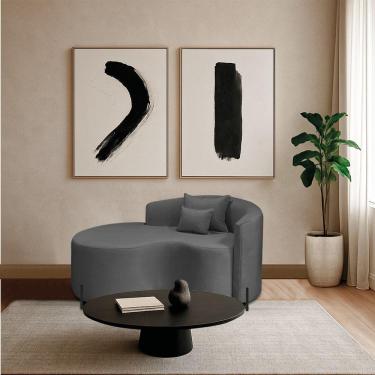 Imagem de Divã Recamier Curvo Sala De Estar Recepção Inglaterra 150cm Pés Metal Dourado Lado Esquerdo Linho Cor Cinza Escuro