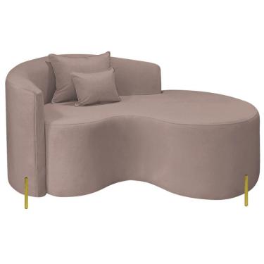 Imagem de Divã Recamier Curvo Sala De Estar Recepção Inglaterra 150cm Pés Metal Dourado Lado Direito Linho Cor Rosê