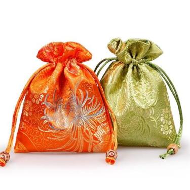 Imagem de Bolsa de presente com cordão de brocado de crisântemo, 11 x 14 cm, pac