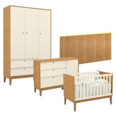 Imagem de Quarto De Bebê Unique 3 Portas Com Cômoda Sapateira E Painel Farm Com Led Freijó Off White Eco Wood - Matic