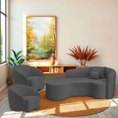 Imagem de Kit Recamier Curvo Sala De Estar Inglaterra 180cm Lado Esquerdo E 2 Poltronas Orgânica Luxo Amore Linho Cinza Escuro