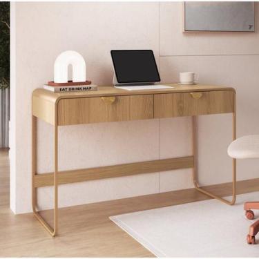 Imagem de Escrivaninha Orgânica Pé Metal Luna 2 Gavetas 125cm Hanover E Dourado 