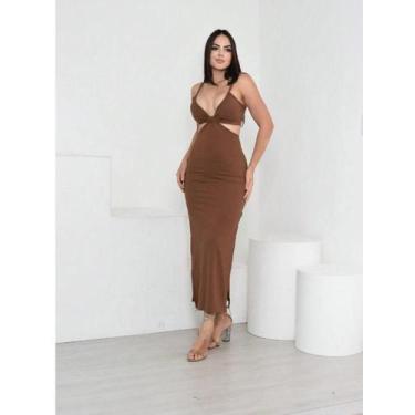 Imagem de Vestido longo vazado com detalhe e fenda na lateral - NoBrand, Marrom,