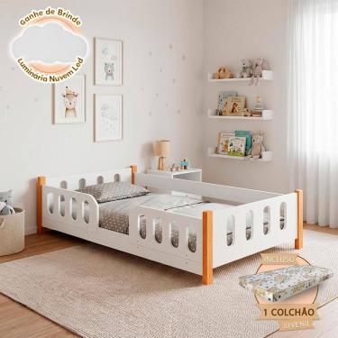 Imagem de Cama Infantil Montessoriana Melissa com Grade Colchão Juvenil e Luminária Nuvem Led - B...
