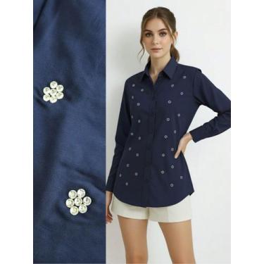 Imagem de Camisa Social Feminina Azul Marinho com Flor de Strass Margarida Premi