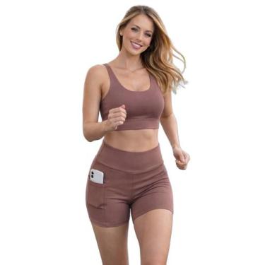 Imagem de Kit Academia Feminino Marrom Top e Short com Bolso  Conforto Premium p