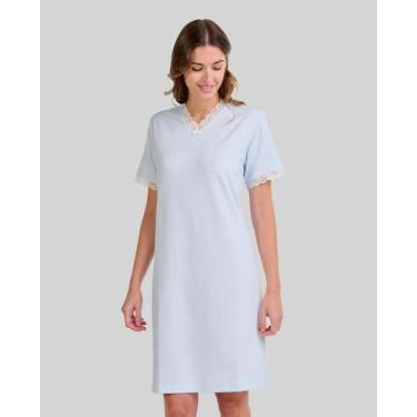 Imagem de Camisola Feminina de Cetim com Decote em V e Manga Curta Azul Celeste 
