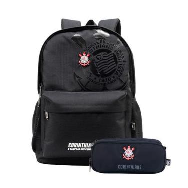 Imagem de Kit Mochila Costas Corinthians Escola Juvenil Oficial Estojo Cor:Preto