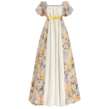 Imagem de LSYYSKB Vestido feminino regency vitoriano, vintage, vestido de baile, com cadarço, longo, branco, com luvas de casamento, Floral amarelo, 3G