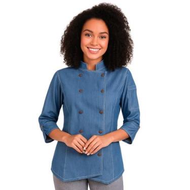 Imagem de Dólmã Para Chef Cozinha Feminina Jeans Claro Liz Baby Blue Gambuza Aci