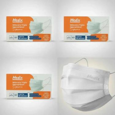 Imagem de Kit 150 Mascaras Tripla Com Elastico Branca Medix Supreme Branco