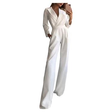 Imagem de Dawwoti Macacões femininos formais brancos coquetéis gola V blazer macacão reto com bolsos, Branco, M